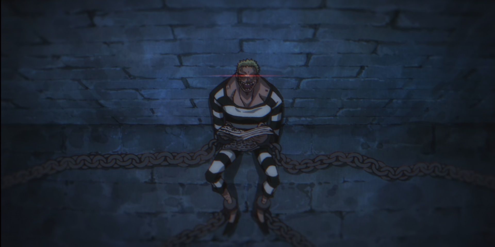 One Piece's Doflamingo laughs in Impel Down.