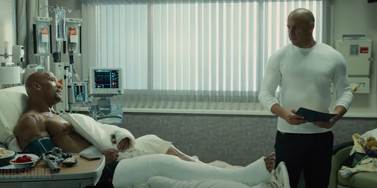 Dominic Toretto visits Luke Hobbs at the hospital in Furious 7