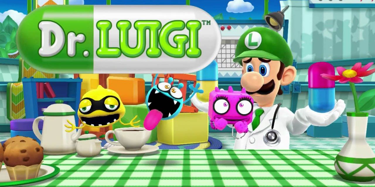 Dr Luigi holding a large pill next to viruses in Dr. Luigi
