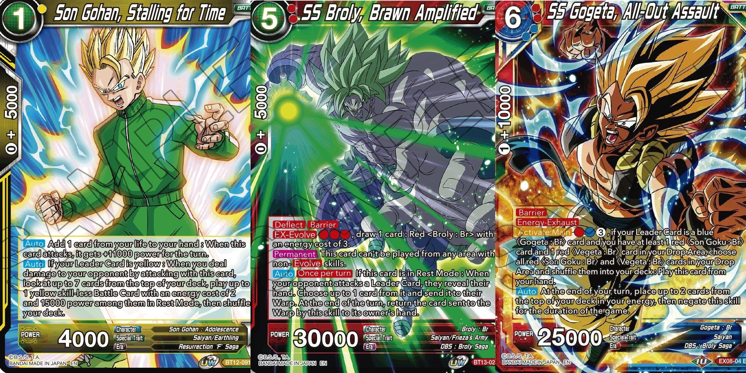 A Yellow Gohan, Red Broly, and Red/Blue Gogeta cards in Dragon Ball Super Card Game
