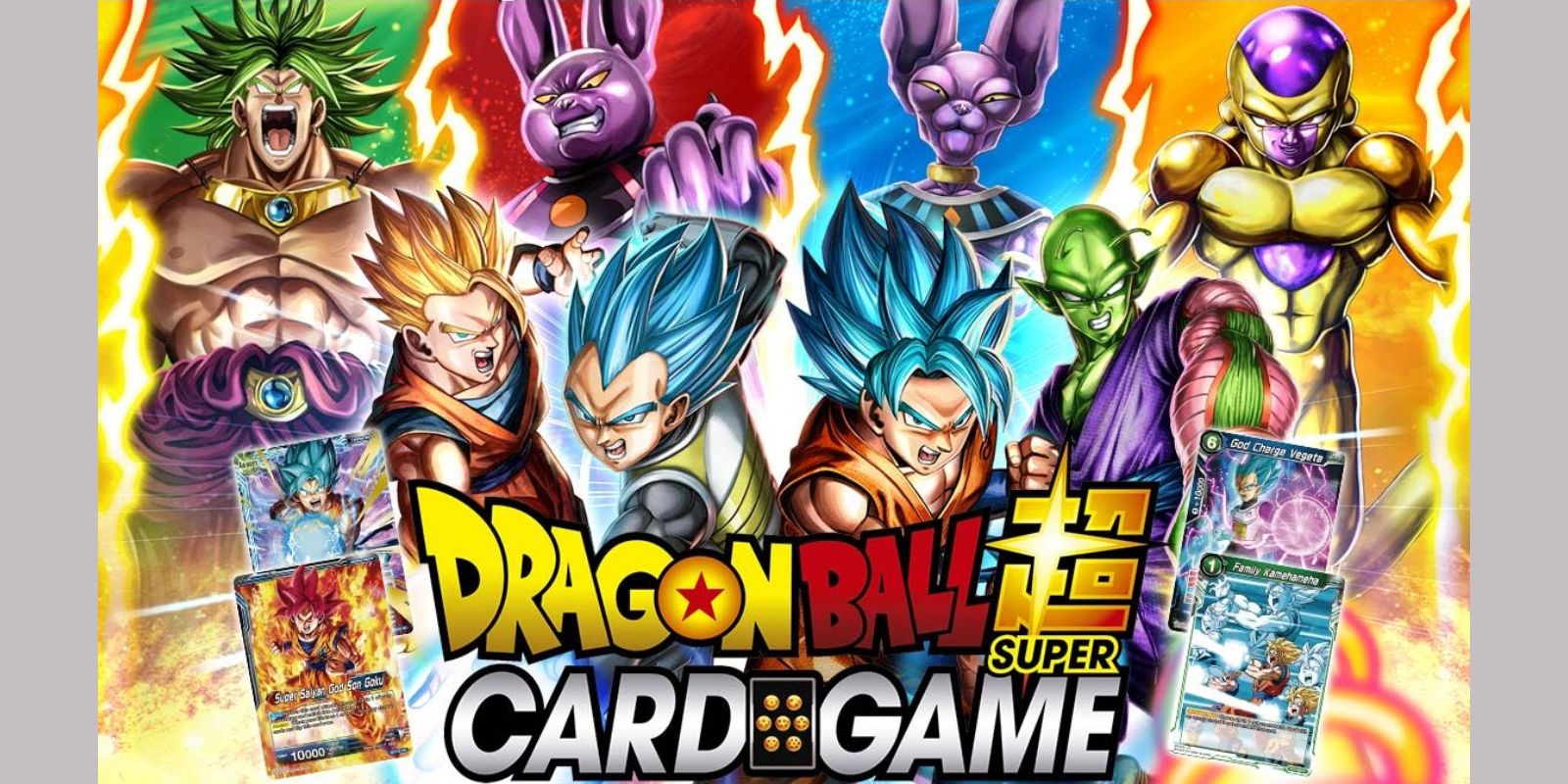 Broly, Gohan, Champa, Vegeta, Goku, Beerus, Piccolo, and Frieza along with Dragon Ball Super Card Game cards
