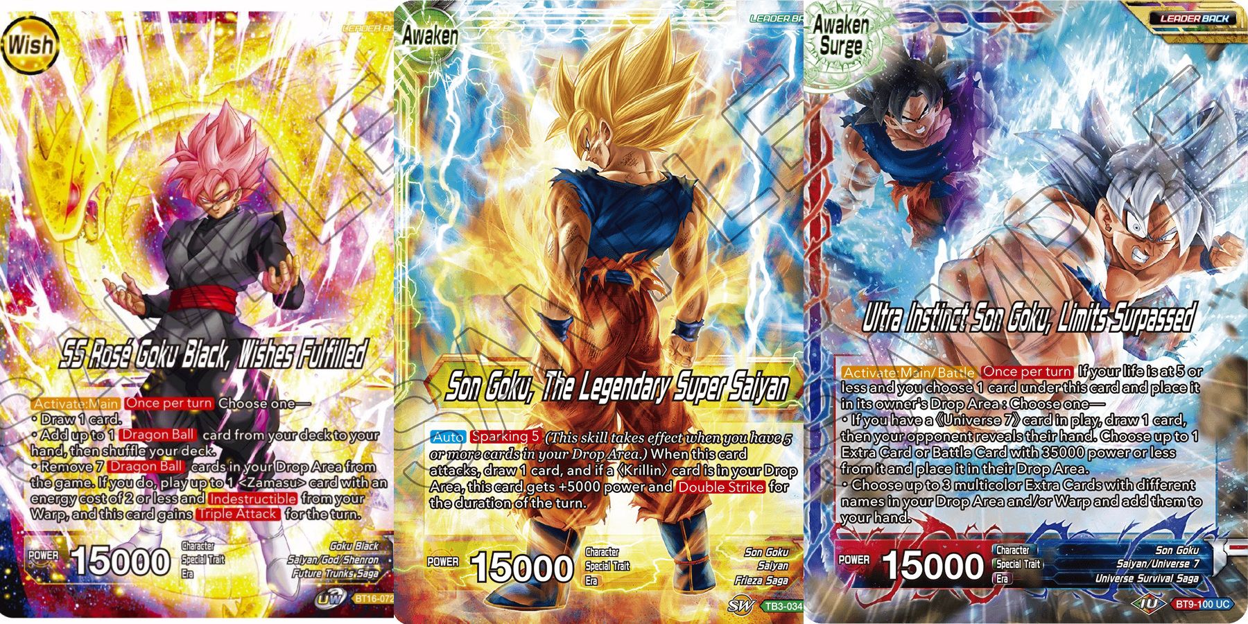 A Zamasu/Goku Black Wish Leader, a Goku Awaken Leader, and A Goku Awaken Surge Leader in Dragon Ball Super Card Game