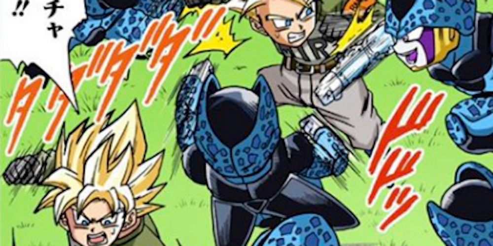 Goten e Trunks lutam contra Cell Junior no mangá Dragon Ball Super.