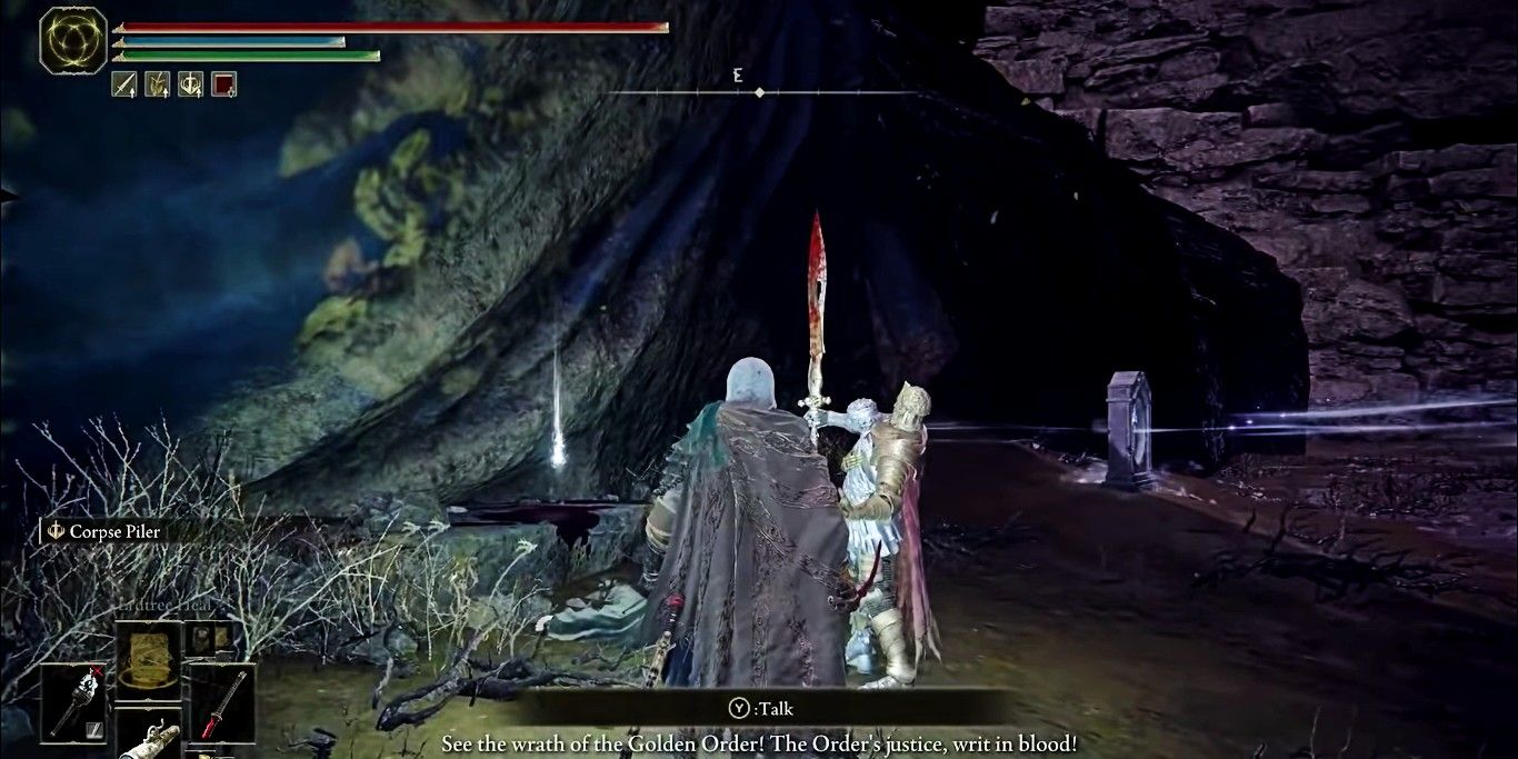Screenshot depicting D's twin brother as he celebrates Fia's death, as seen in Elden Ring.