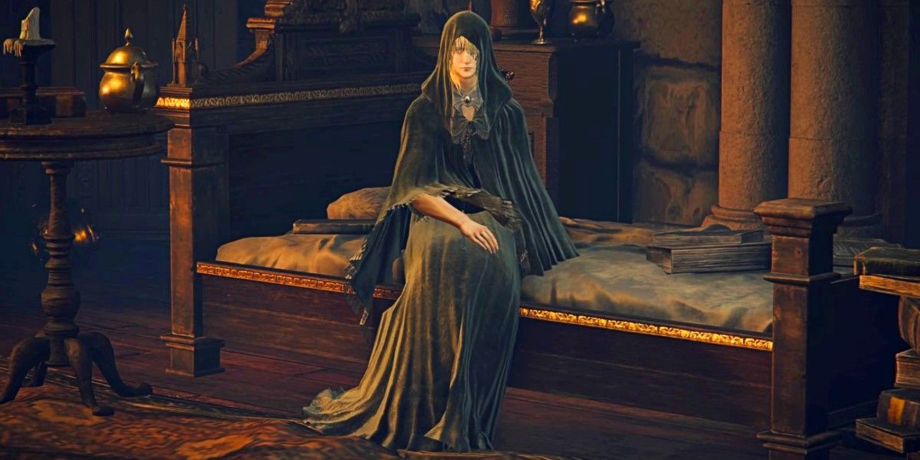 Screenshot depicting Fia the Deathbed Companion in her room at Roundtable Hold, as seen in Elden Ring.