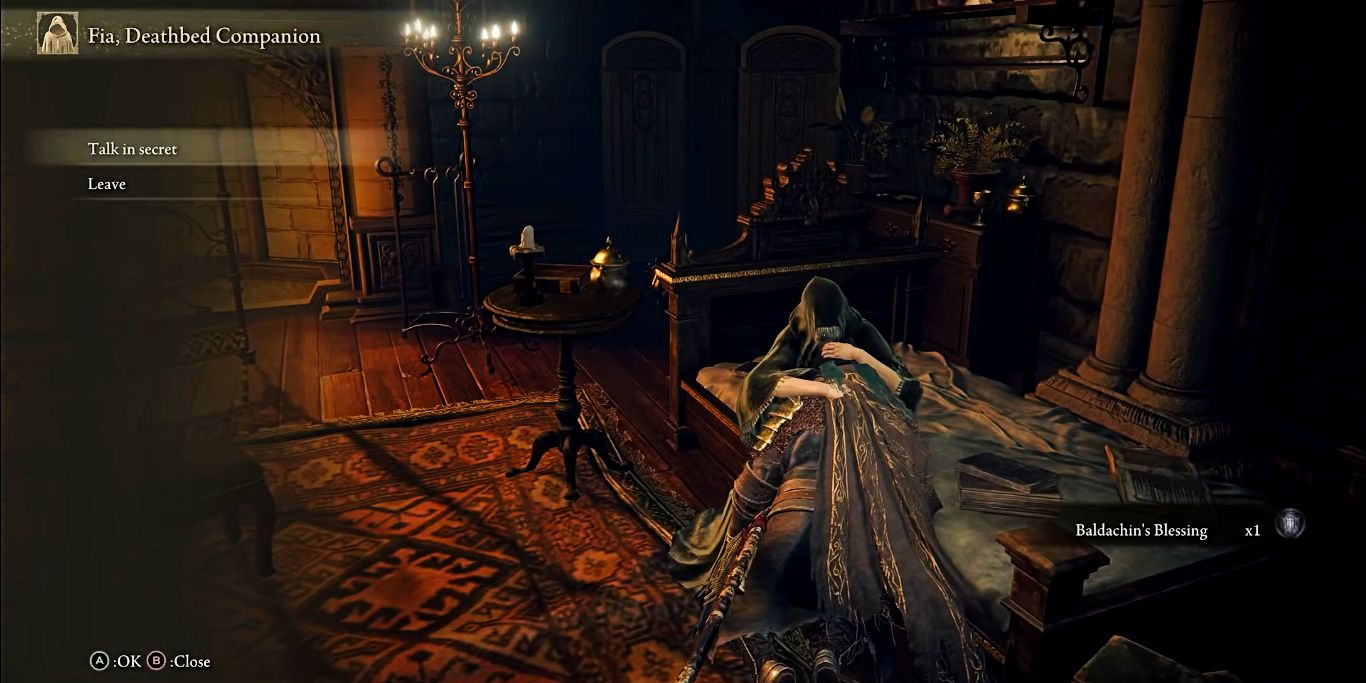 Screenshot depicting a Tarnished resting in Fia's embrace, as seen in Elden Ring.
