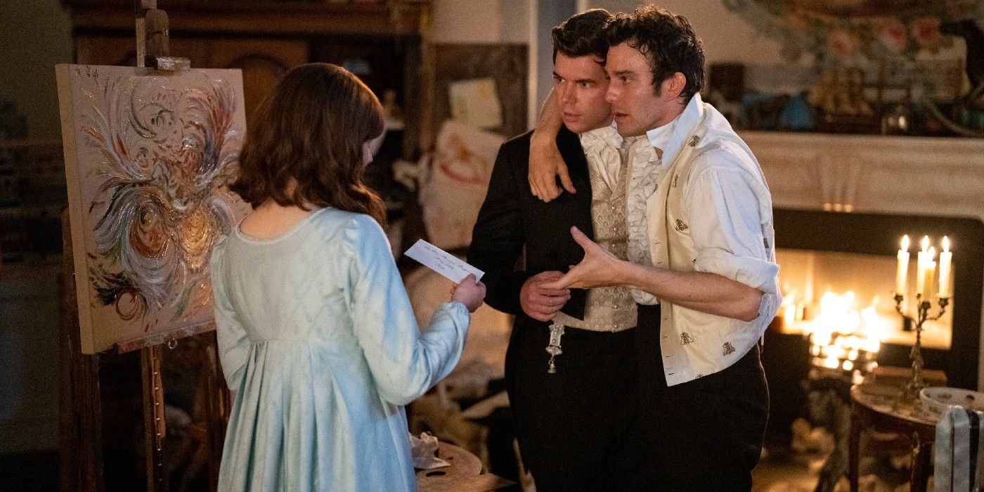 Eloise talking to her siblings, Colin and Benedict, in Bridgerton Season 2.