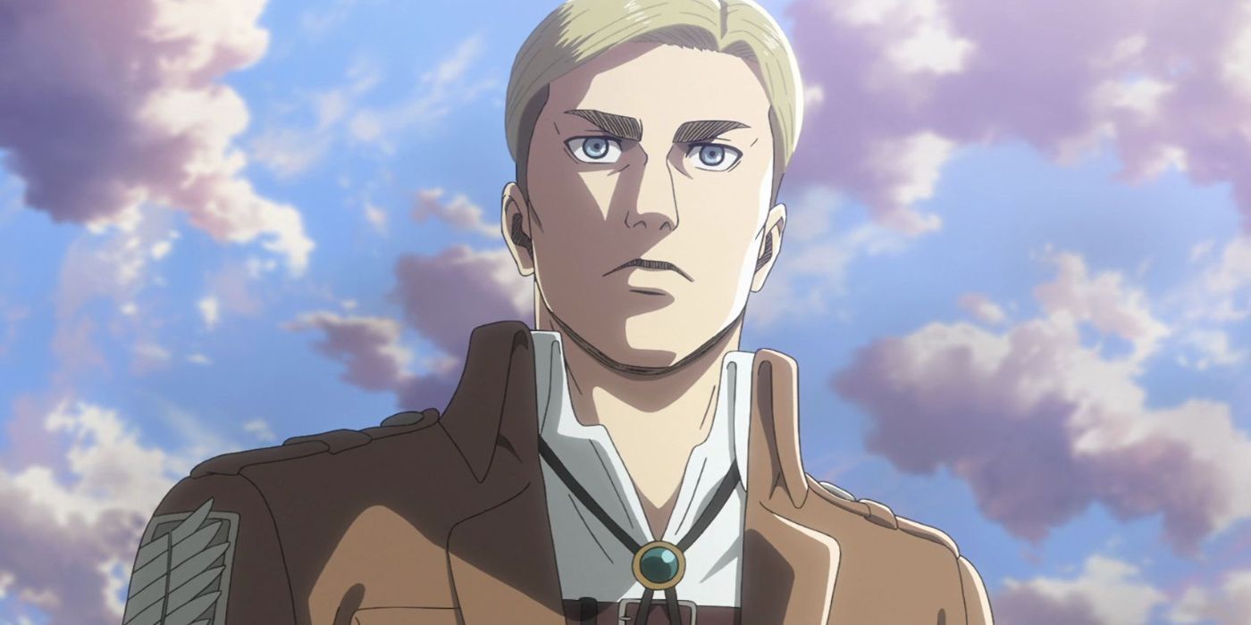 Erwin Smith from Attack on Titan stares grimly with the sky in the background