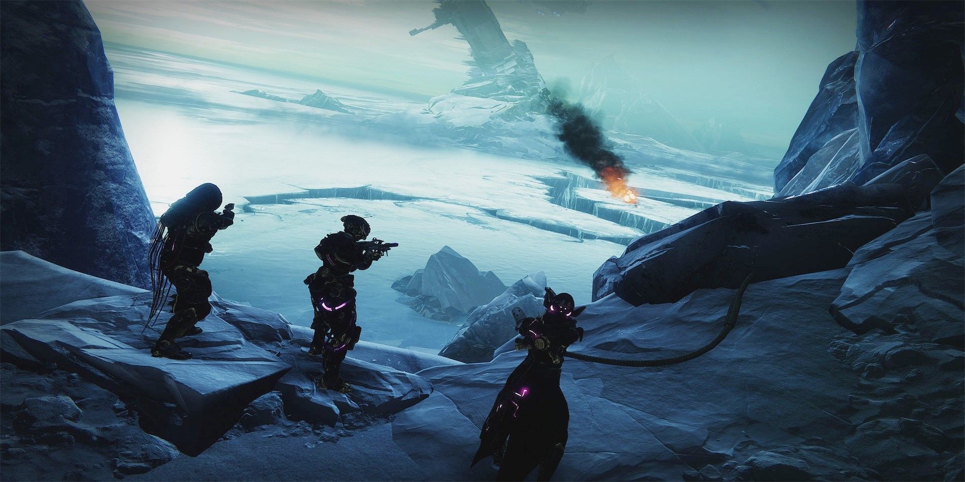 Destiny 2: Guardians standing over Europa watching a ship crash