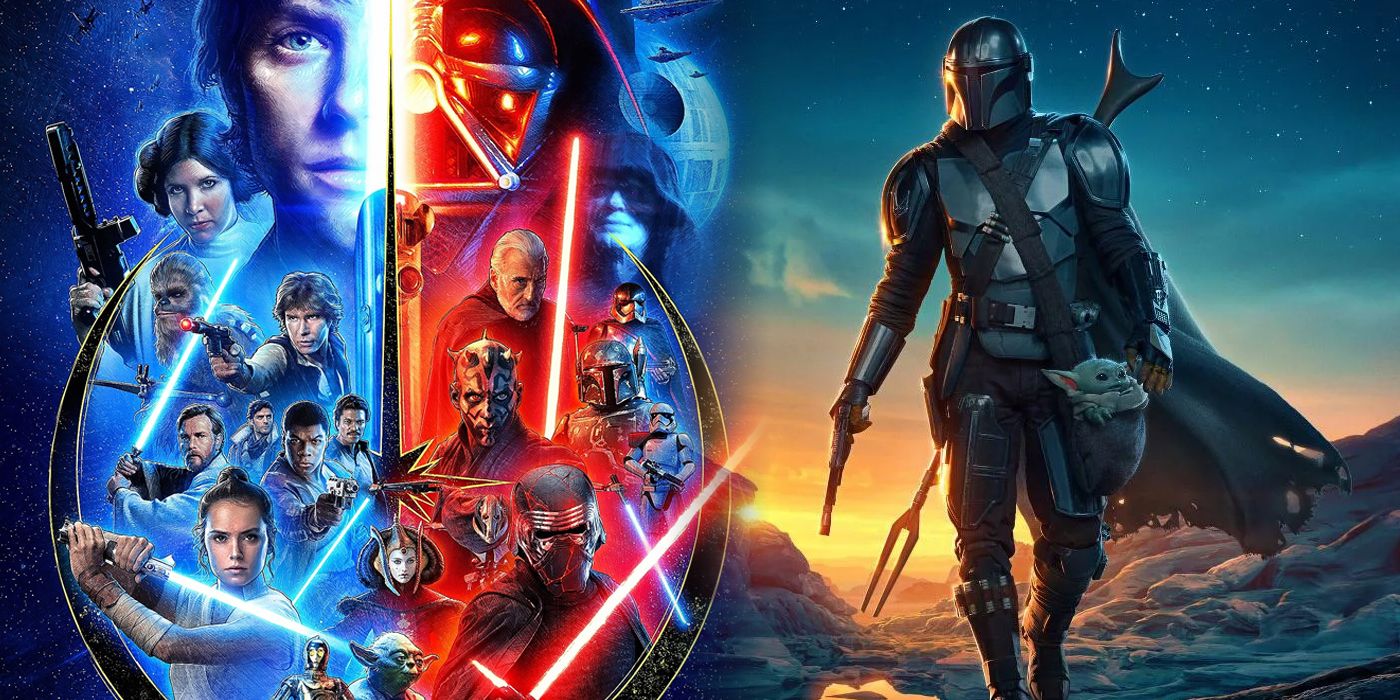 The Skywalker Saga from Star Wars and The Mandalorian split image