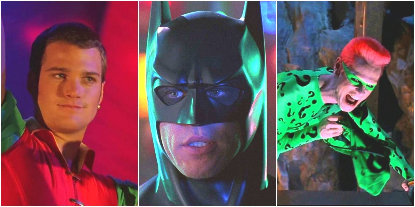 O'Donnell as Dick Grayson, Kilmer as Batman, and Carrey as The Riddler From Batman Forever