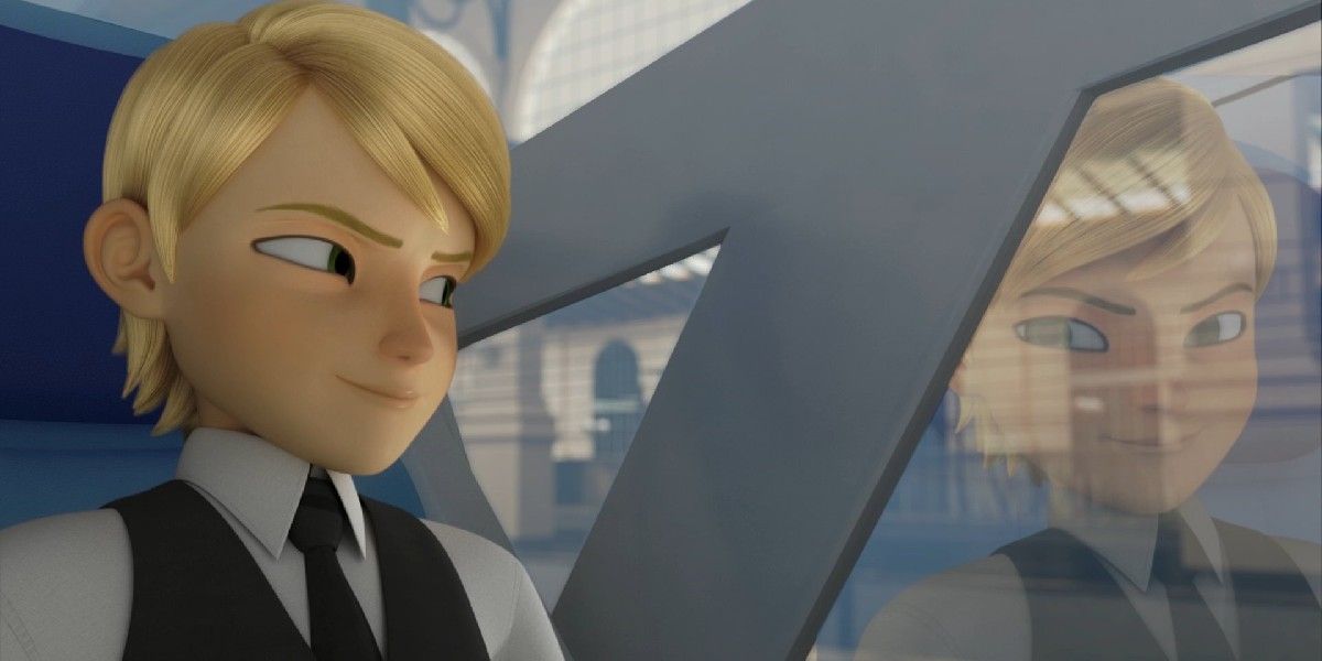 Felix sonriendo mientras viaja en un auto en Miraculous Ladybug