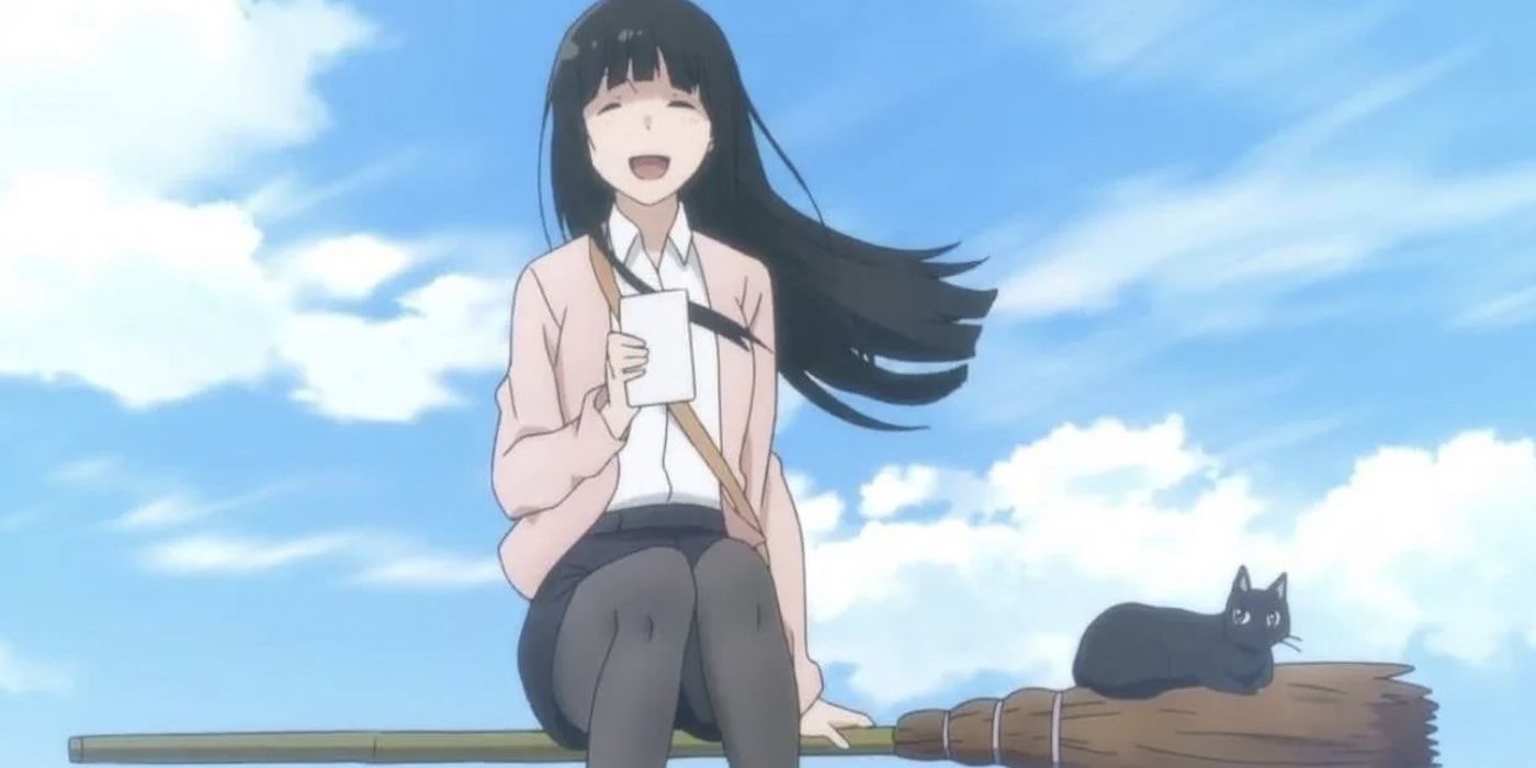 Makoto from Flying Witch sitting on her broom together with her cat Chito.