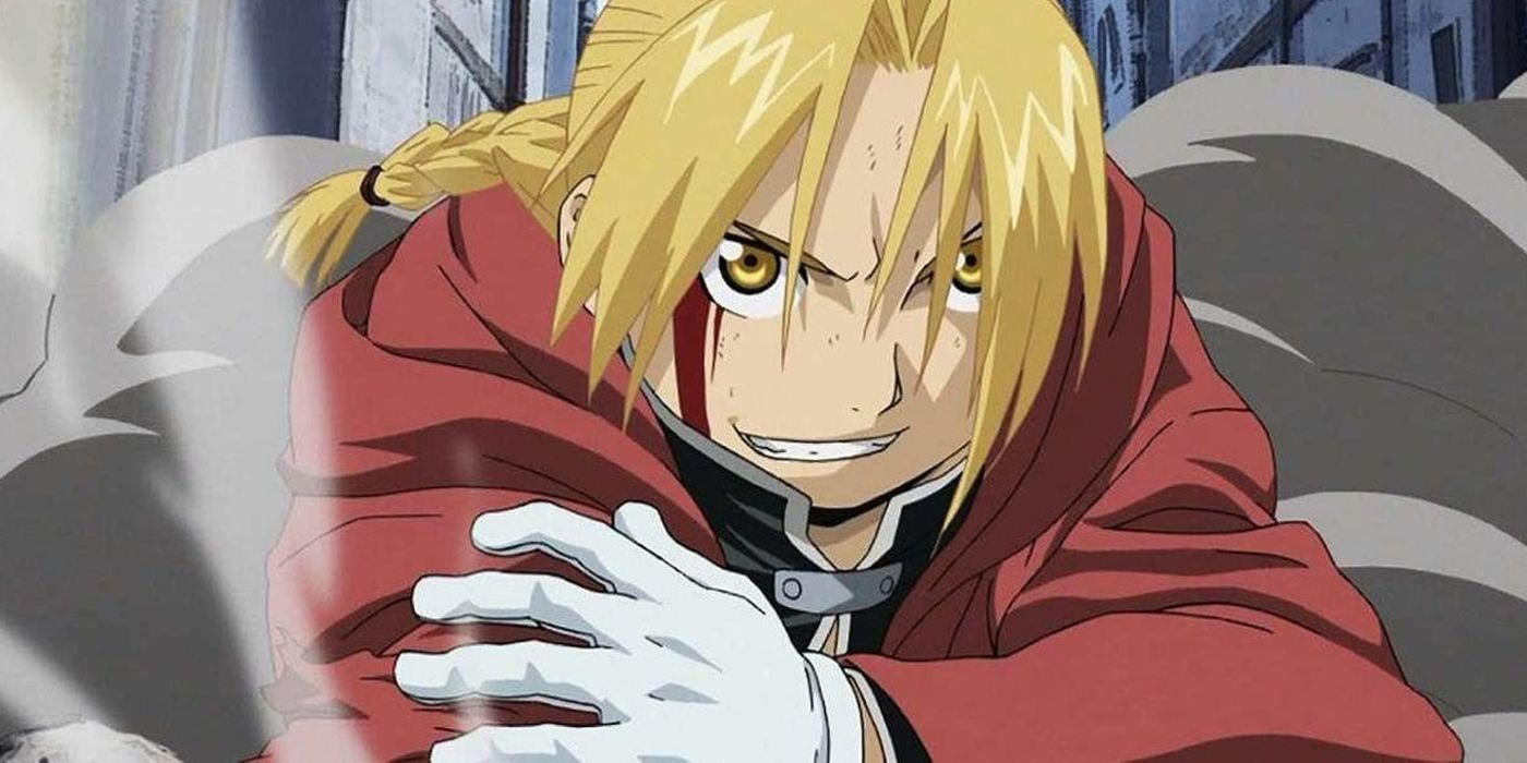 Edward Elric Holding his arm and Smiling During Combat in Fullmetal Alchemist: Brotherhood .