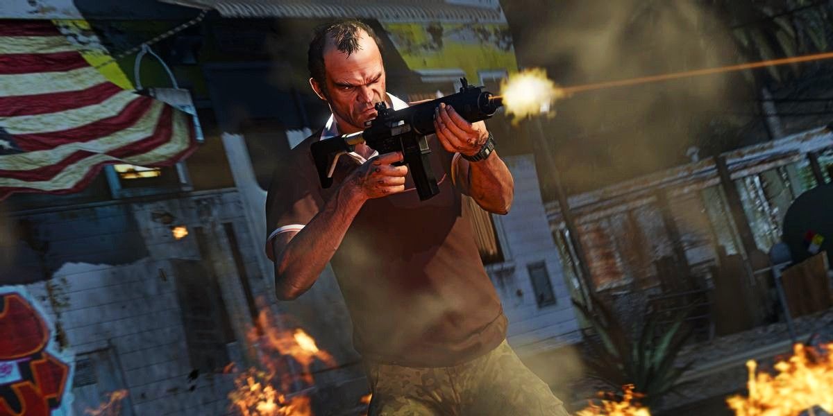 Screenshot depicting Trevor firing a submachine gun in GTA 5.