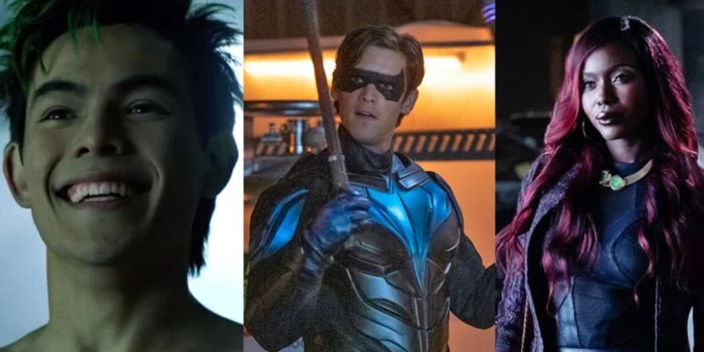 A split image depicts Gar, Dick, and Khory in Titans