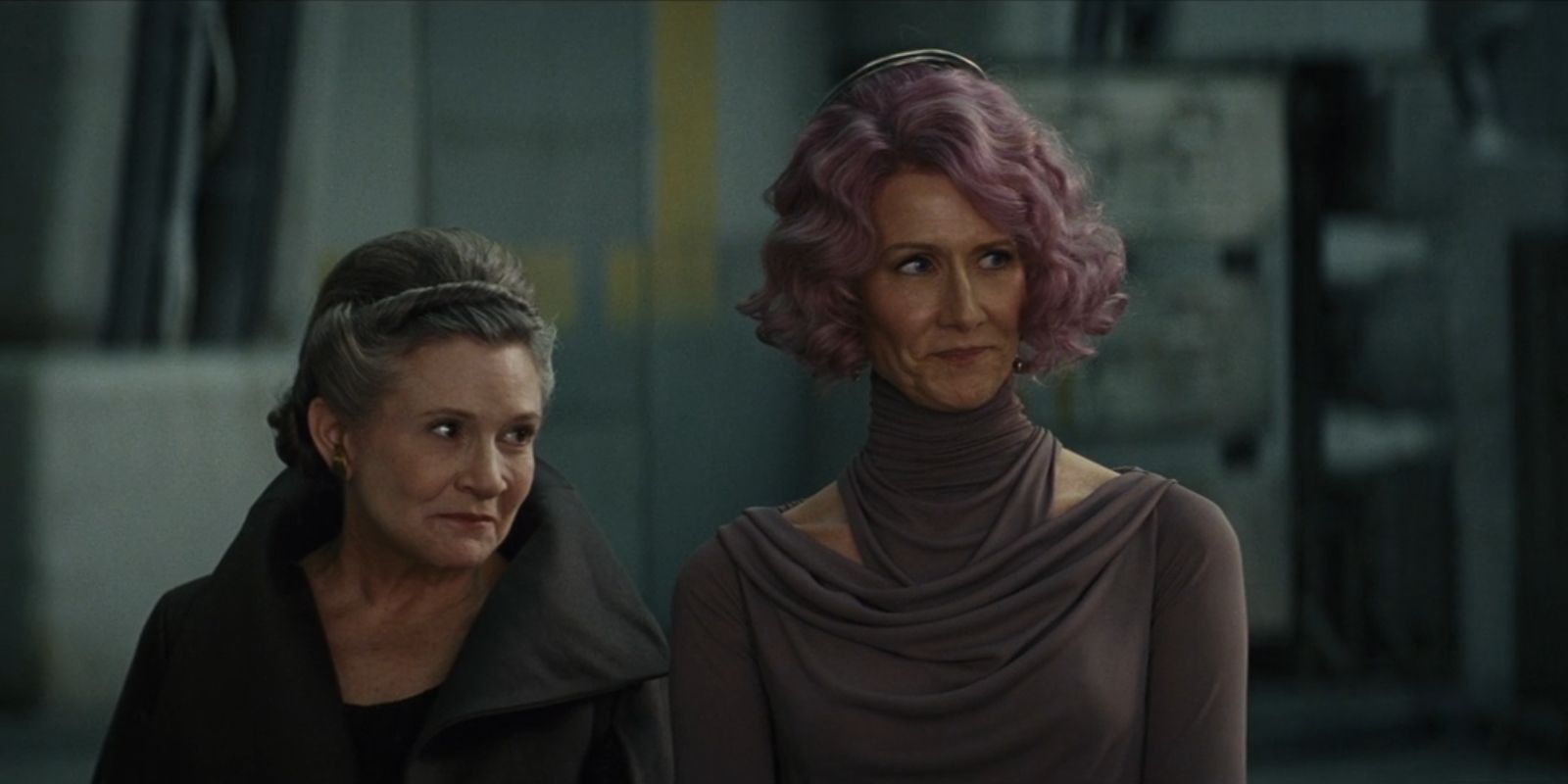 General Leia Organa and Admiral Amilyn Holdo stand next to each other in Star Wars The Last Jedi