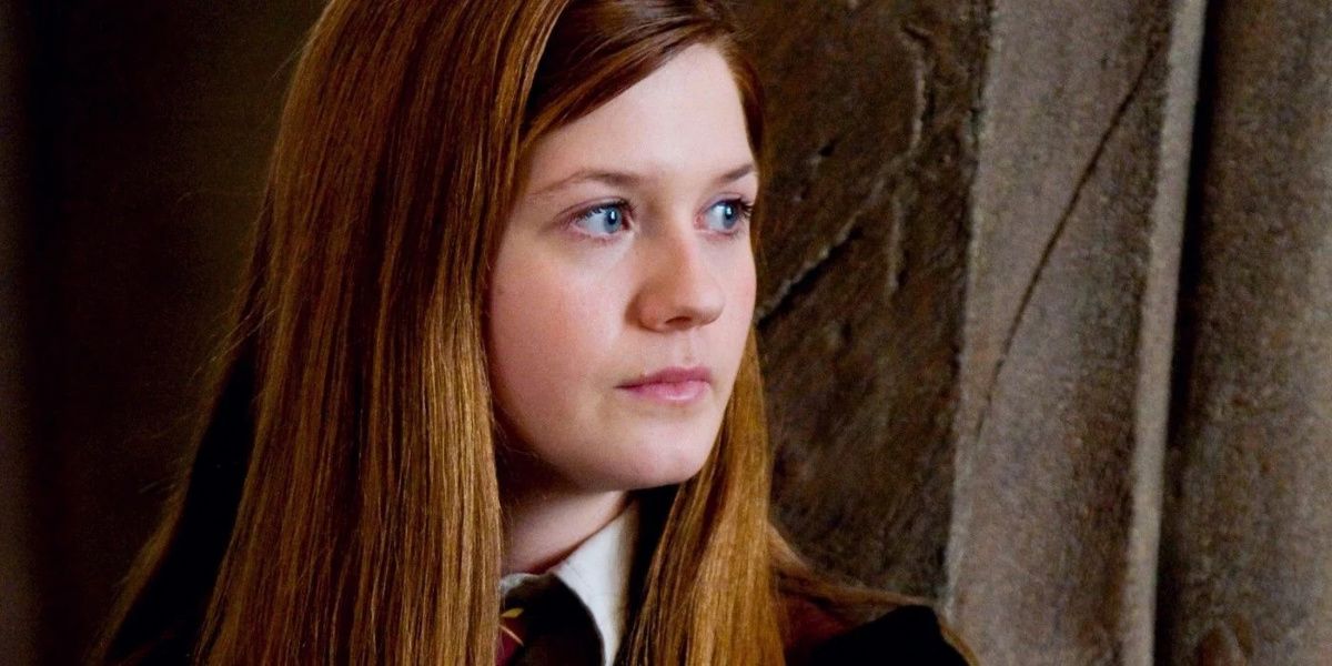 A close up on Ginny Weasley's face.