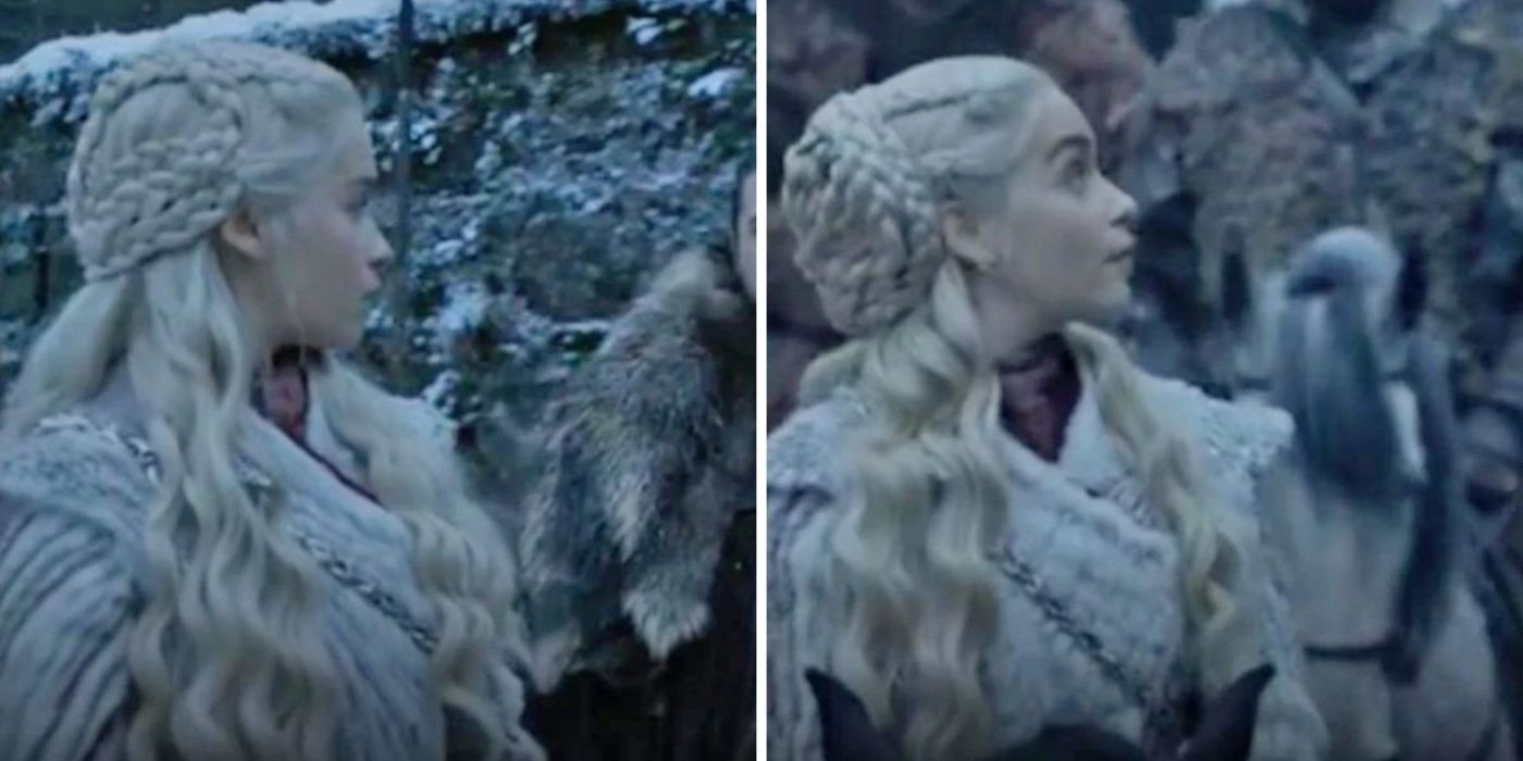 Uma imagem dividida mostra o cabelo de Daenerys mudando em Game of Thrones.