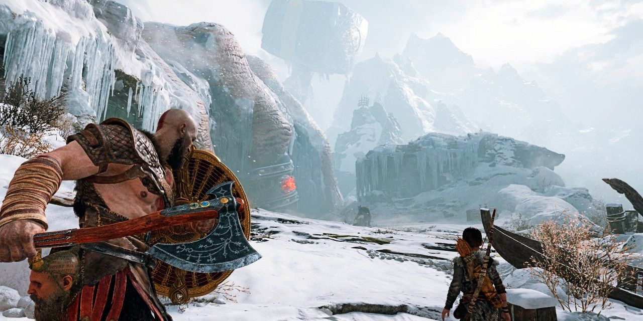 Screenshot depicting God of War gameplay, featuring Kratos and Atreus.