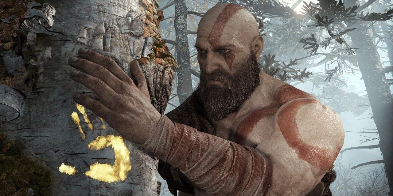 Kratos touching his wife's tree in God of War