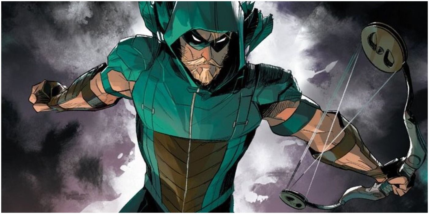 Green Arrow leaps from the sky in his Rebirth Suit in DC.
