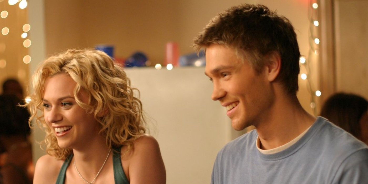 During One Tree Hill season 1, Peyton and Lucas both smile while at a party 