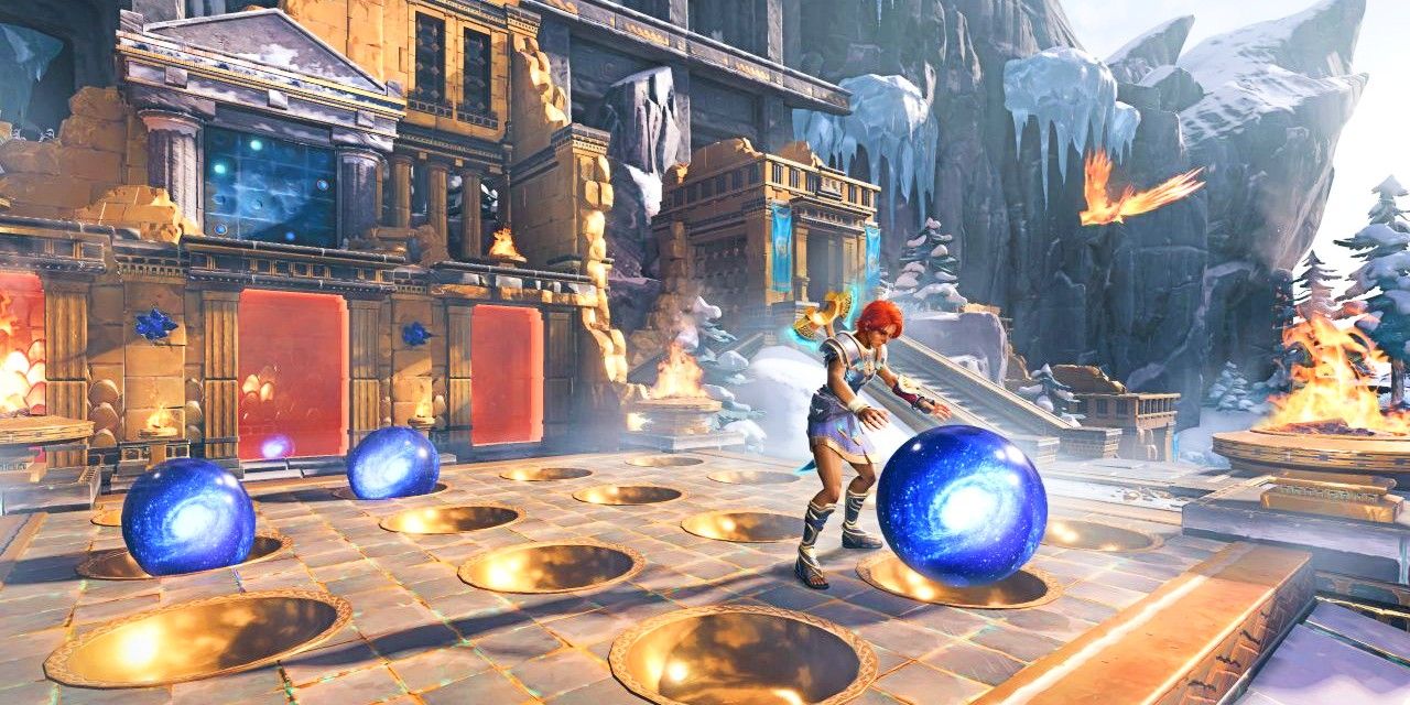 Immortals Fenyx Rising gameplay, featuring Fenyx solving a puzzle with large blue orbs