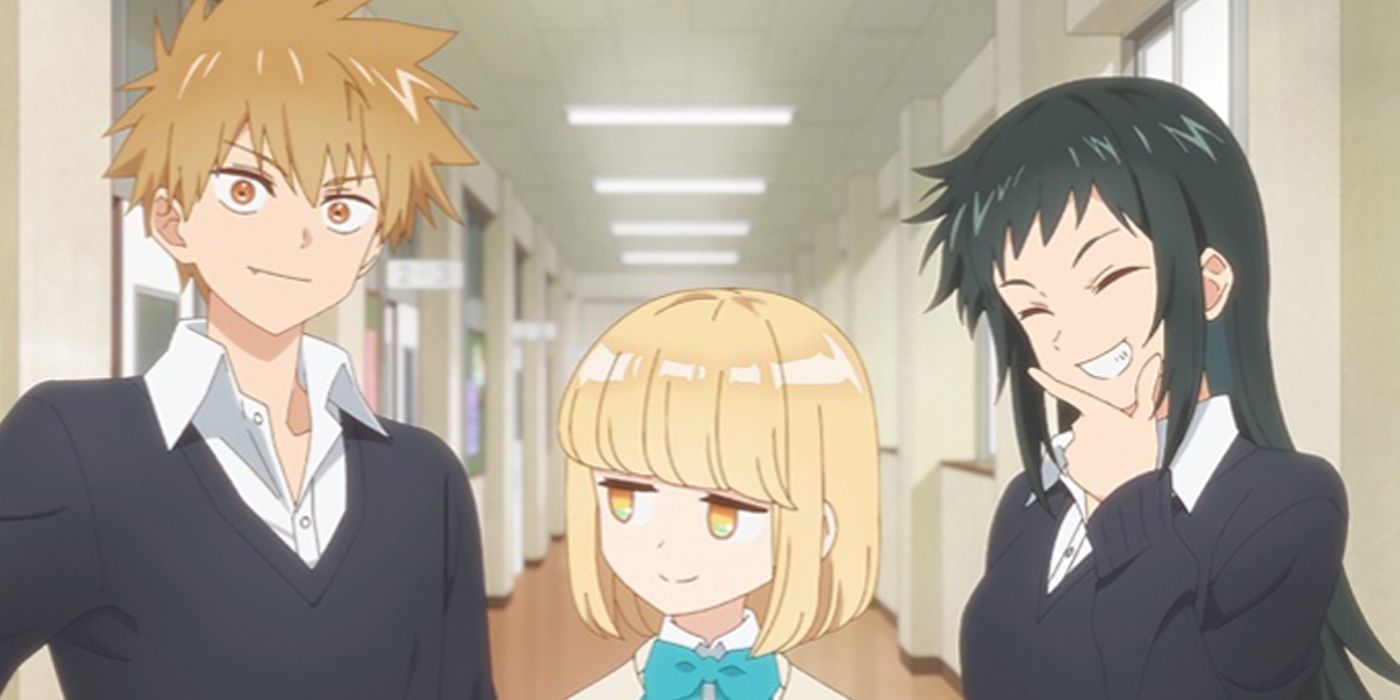 Screen cap of Inuzuka, Nekozaki, and Hachimitsu from the anime Shikimori's Not Just a Cutie
