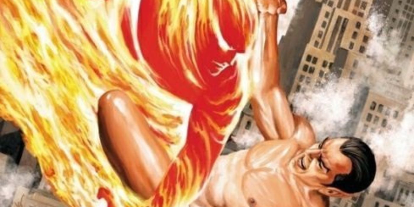 Alex Ross's depiction of Jim Hammond punching Namor in the sky above New York City