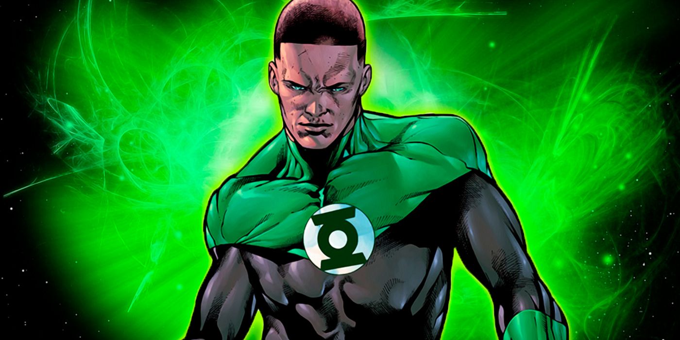 DC Green Lantern John Stewart smirks, while green energy swirls behind him.