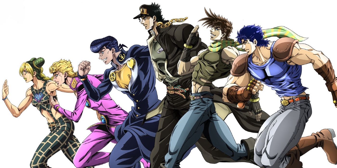 The six protagonists of the Jojo's Bizarre Adventure anime running alongside each other