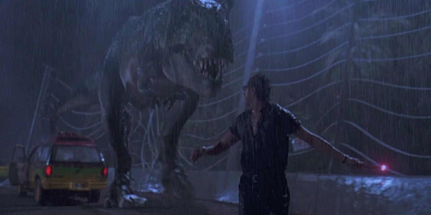 Ian Malcolm com um T-Rex em Jurassic Park.