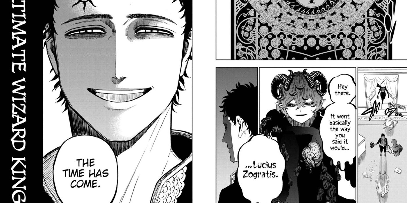 Black Clover two page panel featuring a grinning Lucius Zogratis.