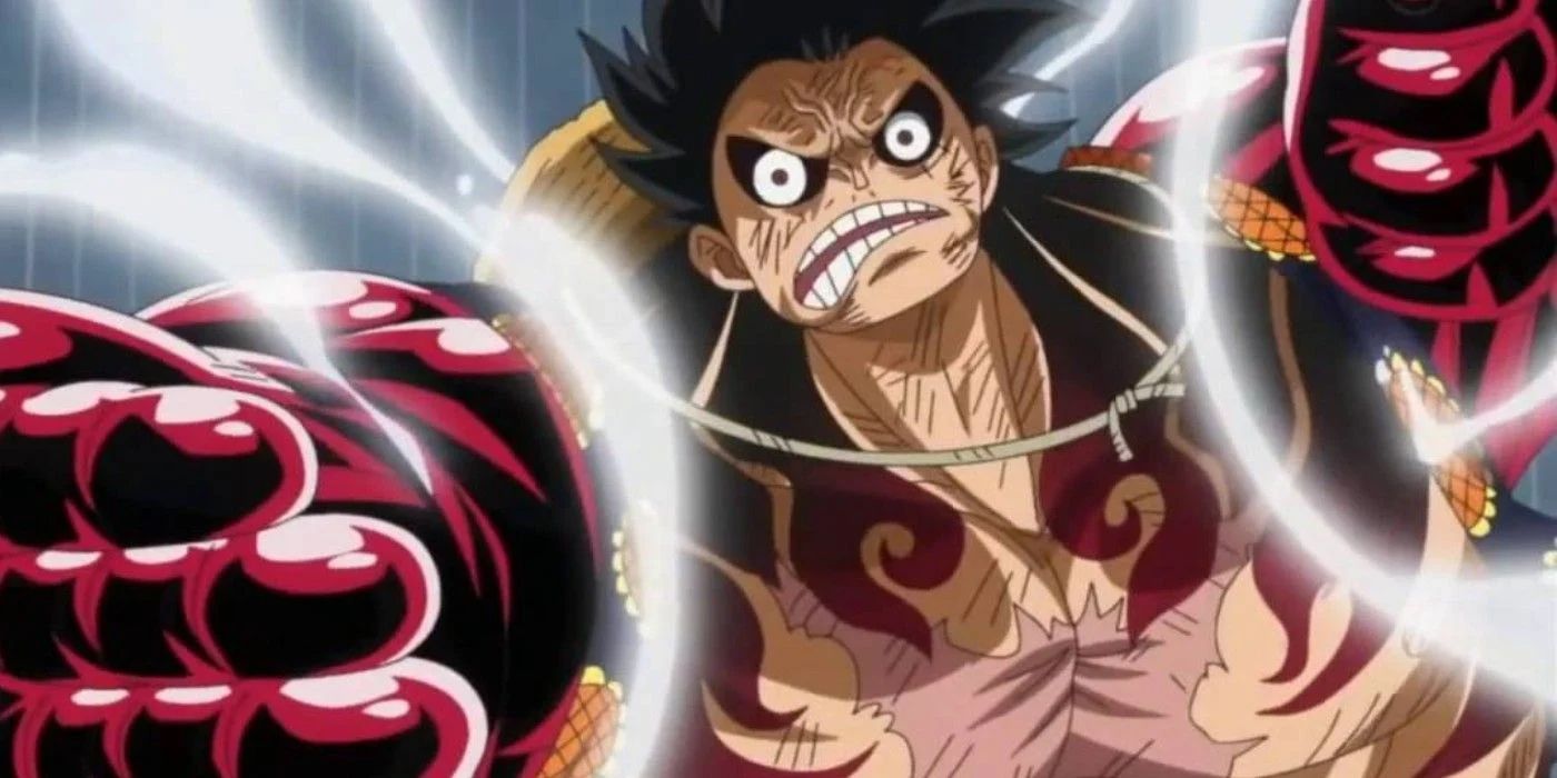 Luffy undergoes Gear Four transformation in One Piece.