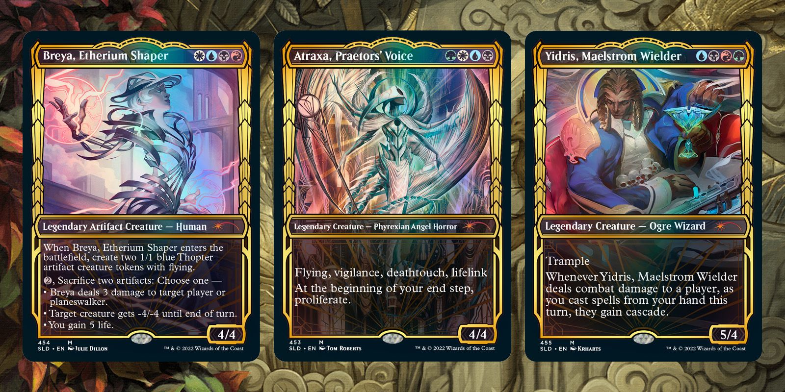Three Magic: the Gathering cards, each done in a prismatic art style with a gilded frame.