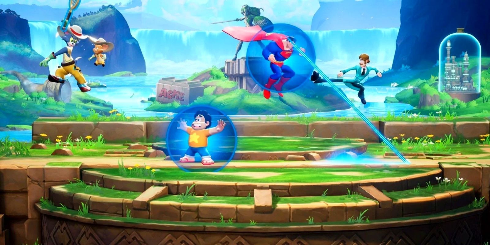 Tom Jerry, Steven Universe, Superman and Shaggy fighting in MultiVersus