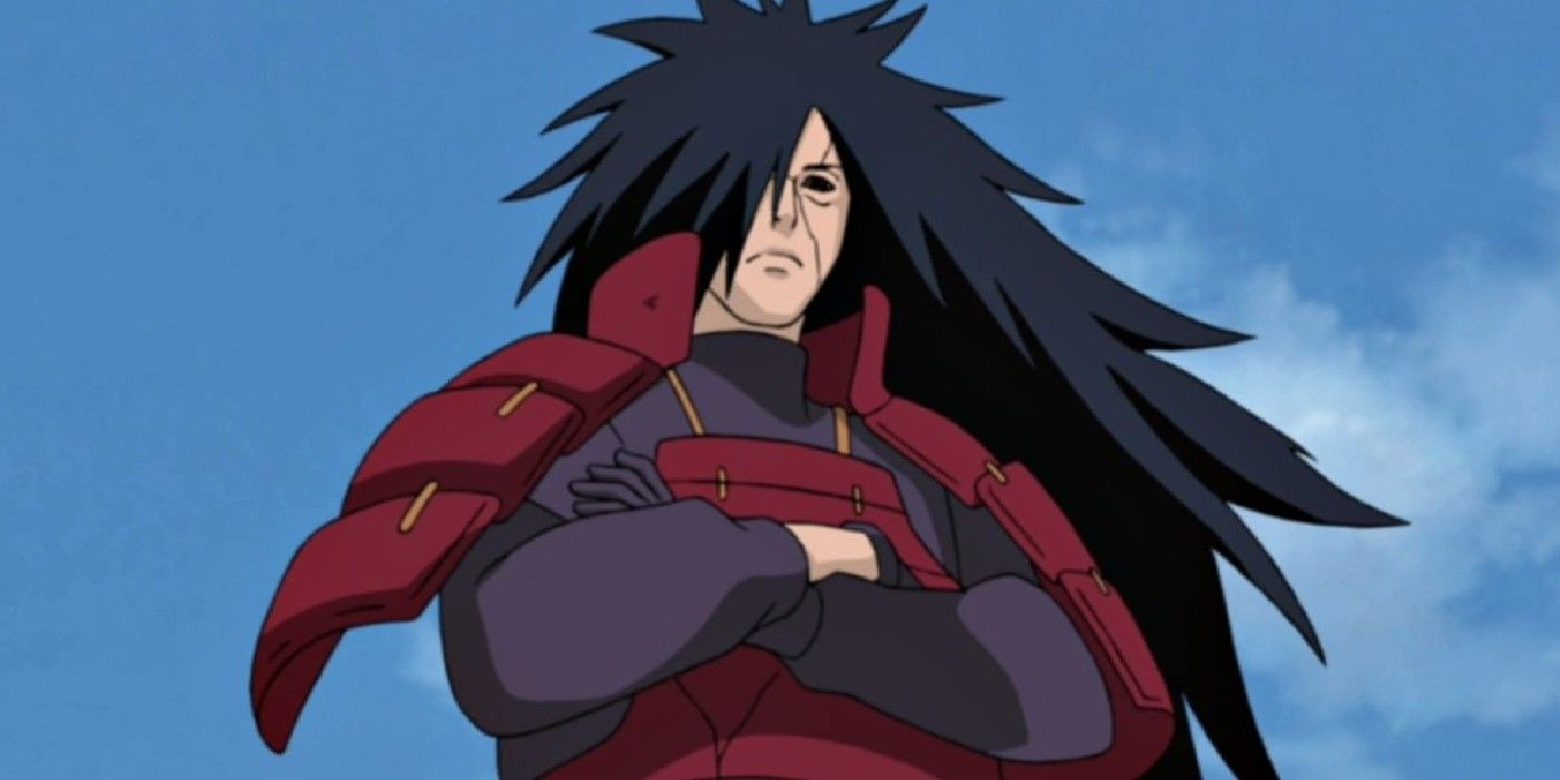 Madara Uchiha hovers over the battlefield with his arms crossed in Naruto.