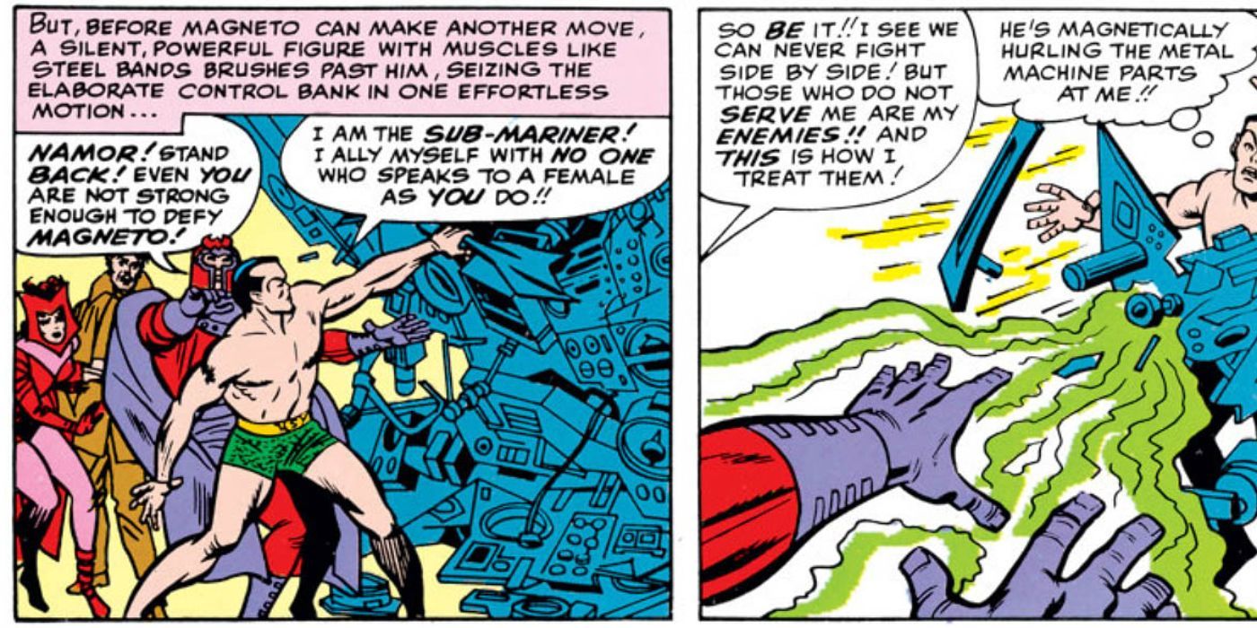 Magneto throws metal at Namor as drawn by Jack Kirby