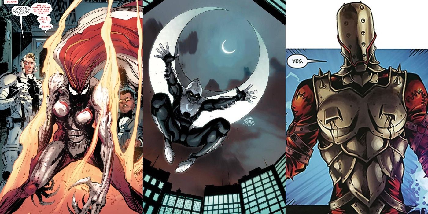 Marvel Heroes Who Could Be Moon Knight's Sidekick Split Featured Silence appearing before Agent Anti-Venom, Moon Knight leaping, and Penance blasting