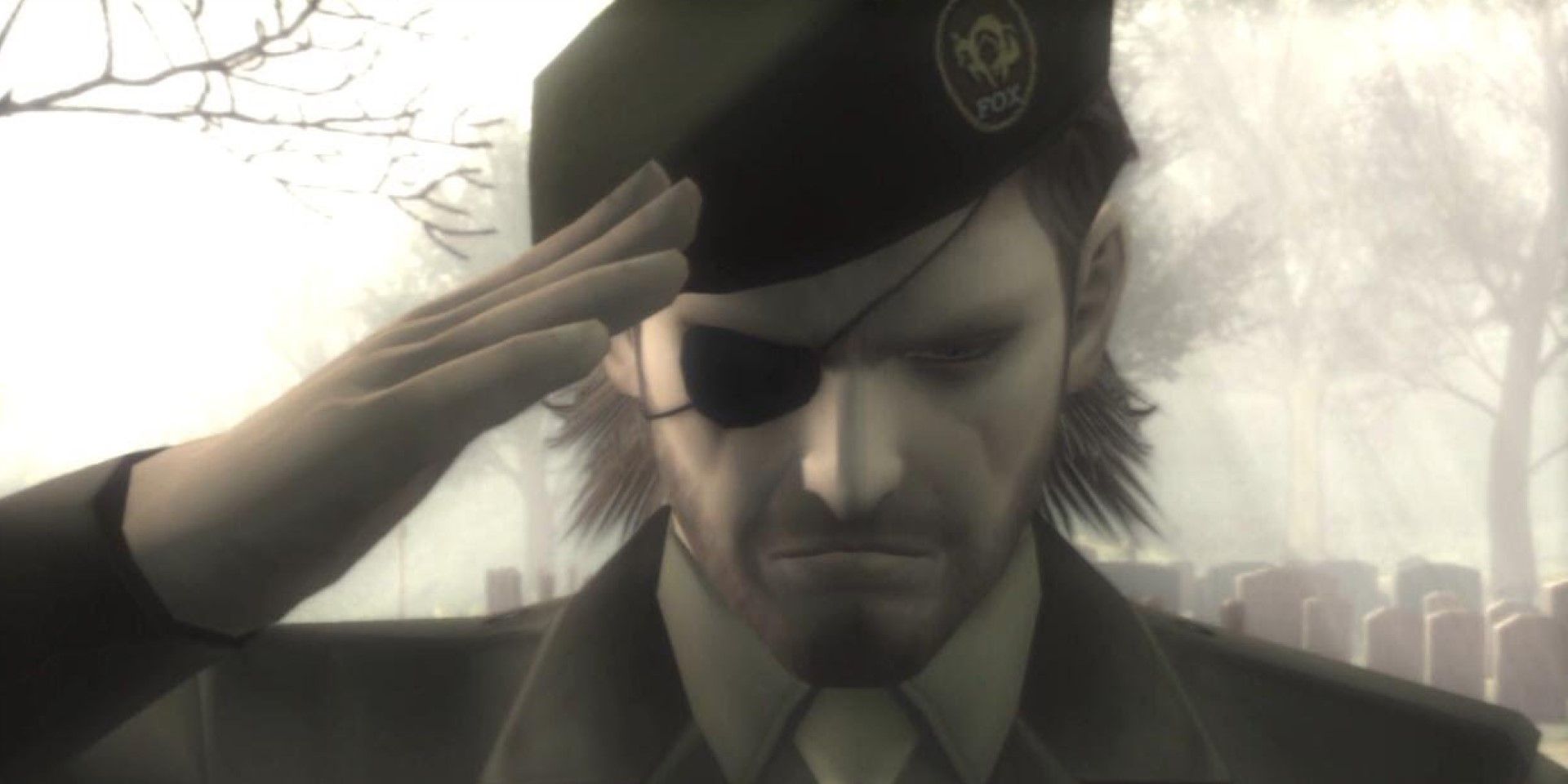 Naked Snake (Big Boss) saluting The Boss' grave in Metal Gear Solid 3 Snake Eater
