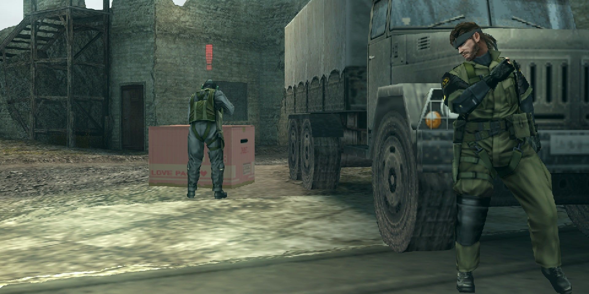 Naked Snake hiding behind a truck in Metal Gear Solid Peace Walker