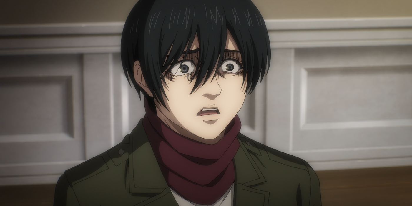 Mikasa reacts to hearing Eren tell her he hates her in Attack on Titan