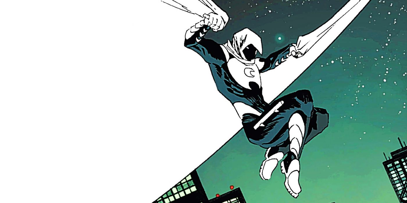 Moon Knight in his modern armor leaping off a building in Marvel Comics