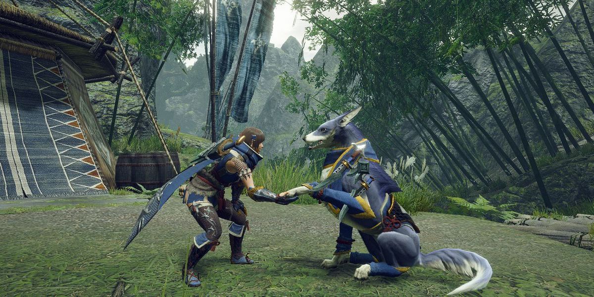 Hunter shakes the hand of a Palamute in Monster Hunter Rise