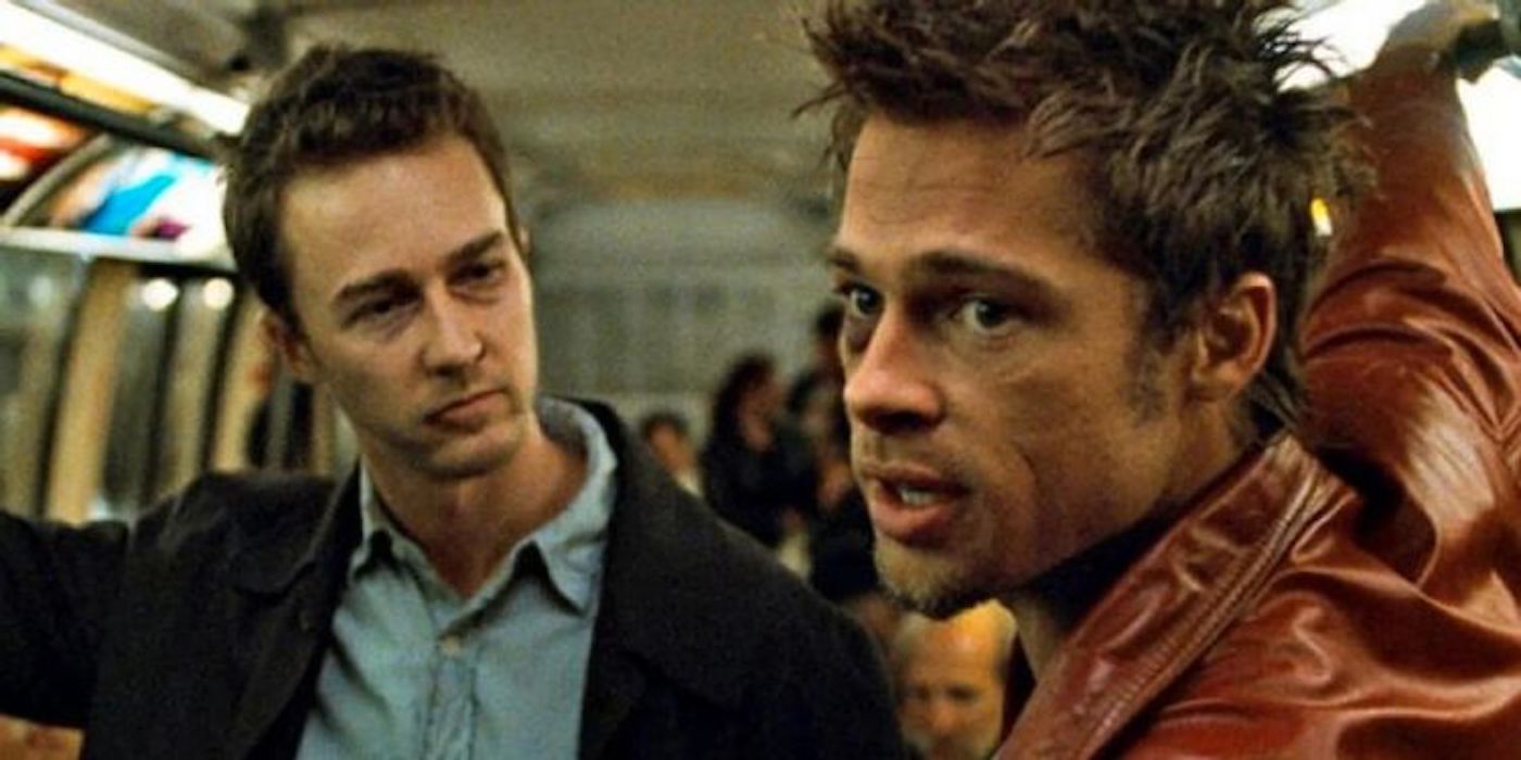 The Narrator (Edward Norton) and Tyler Durden (Brad Pitt) stand in a subway car in Fight Club