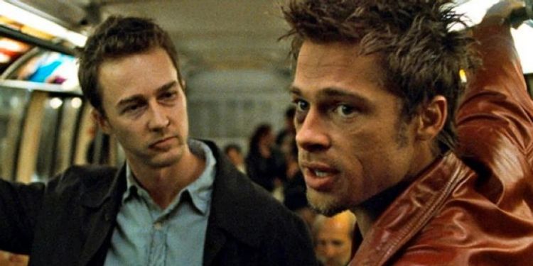 The Narrator and Tyler Durden on the subway in Fight Club movie