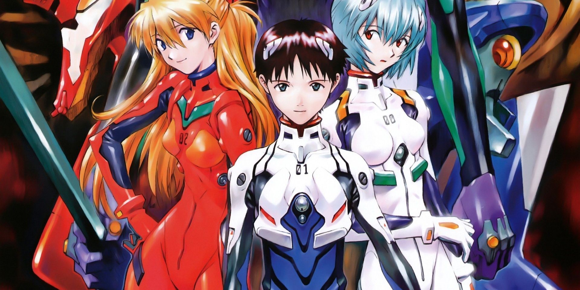 Shinji, Asuka, and Rei pose in Neon Genesis Evangelion.