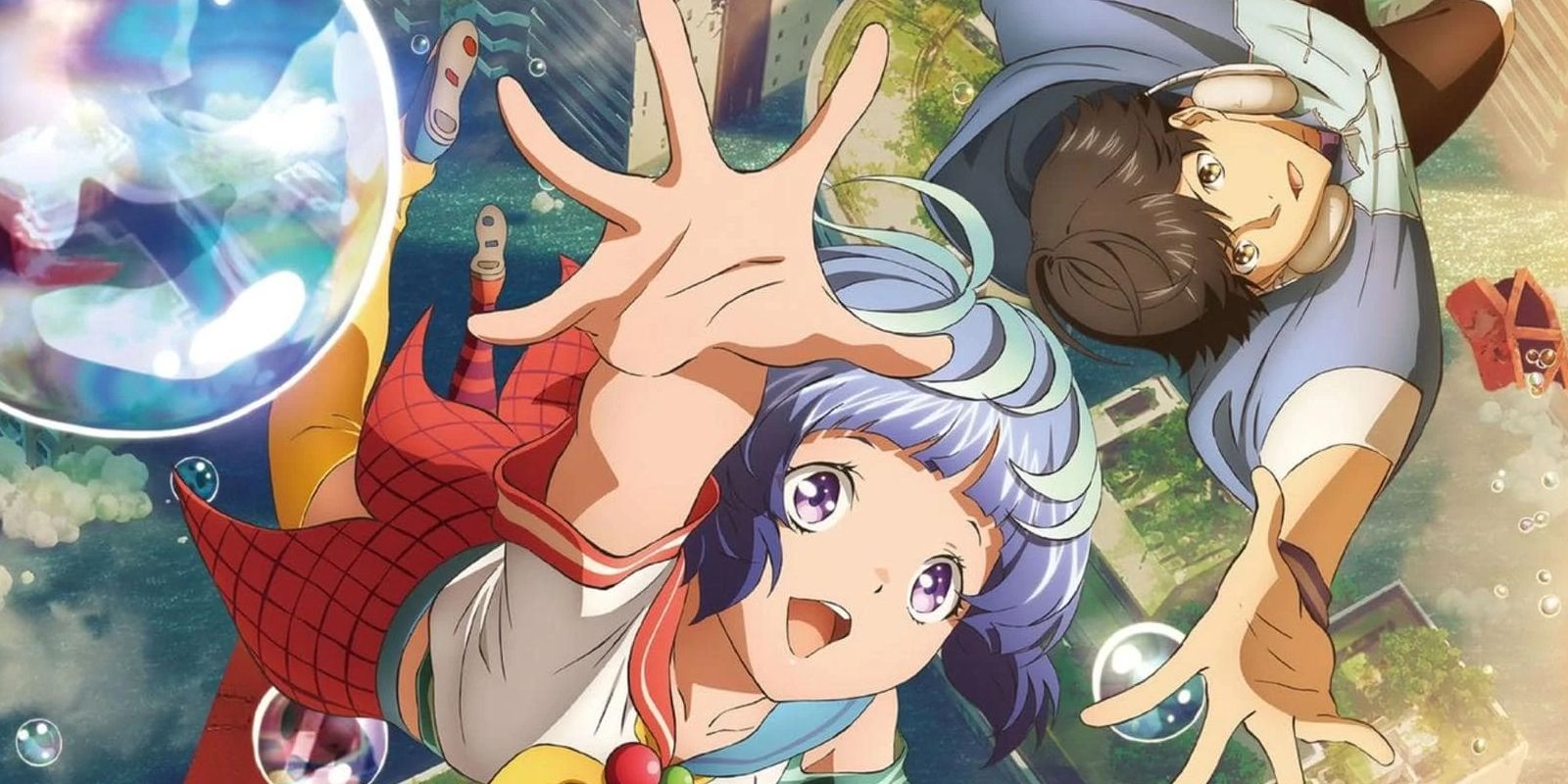 Deux personnages principaux de Bubble Anime de Netflix flottent dans les airs avec des bulles.