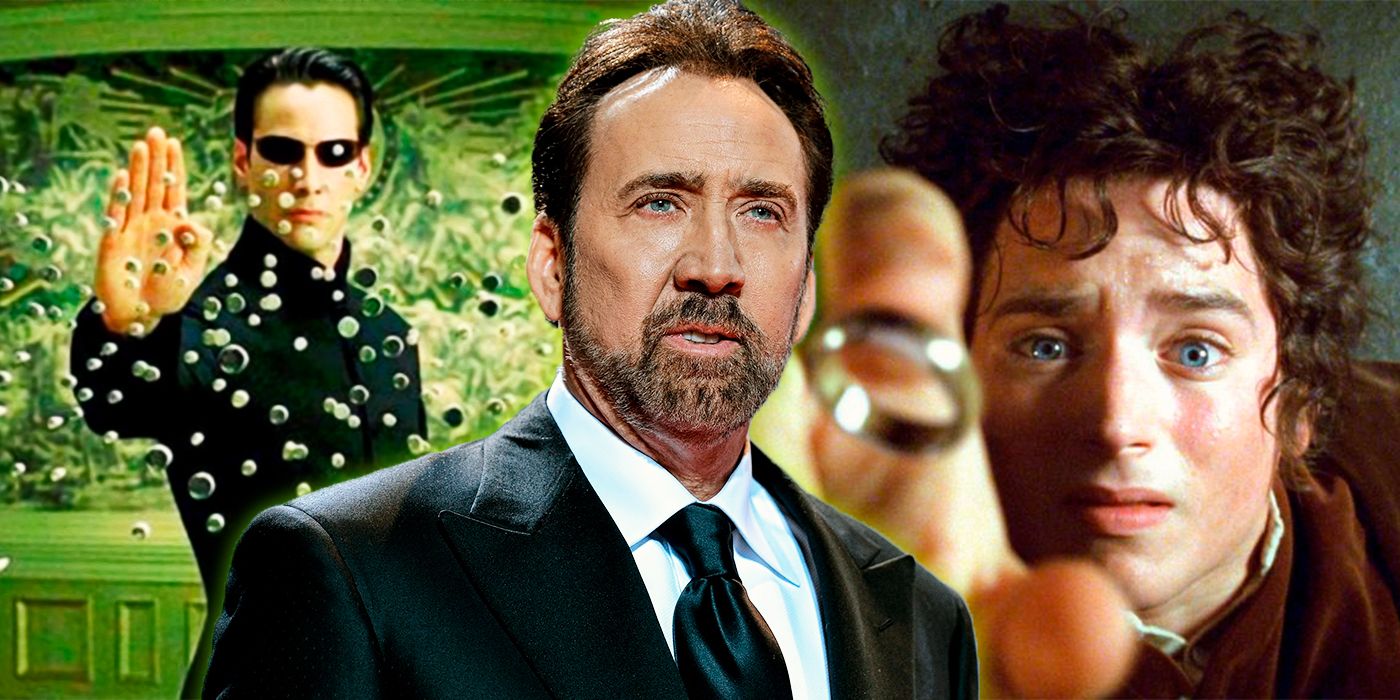 Nic Cage in front of Neo from The Matrix and Frodo from Lord of the Rings